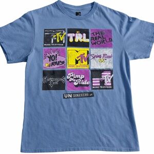 MTV Graphic Tee Men’s Medium – Retro Vintage Multi-Logo Blue Shirt